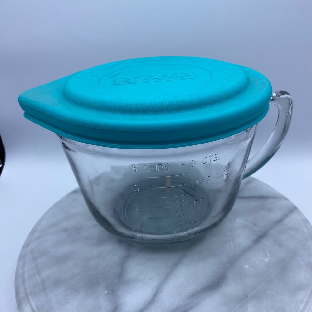 Anchor Hocking 2 Quart Glass Batter Bowl with Teal Silicone Lid Clear 8 Cup 2L - Picture 5 of 10